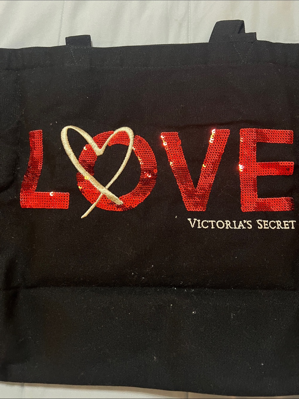 Victoria's Secret Black Tote with Red Sequin LOVE and White Heart